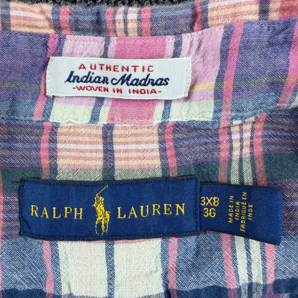 Polo Ralph Lauren Indian Madras Shirt Mens 3XB Pink Blue Plaid Short Sleeve Pony